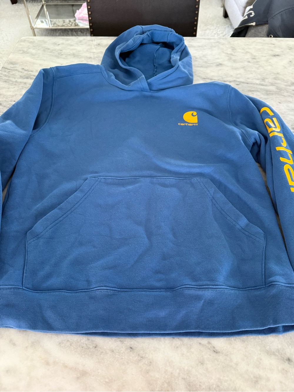 Carhartt Kids Blue Hooded Sweatshirt with Yellow Logo